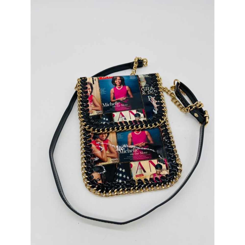 Amy & Joey Glossy magazine cover collage chain around Large crossbody bag purses